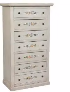 cassettiera settimino in legno Shabby chic 7 cassetti laccato bianco anticato decorato fiori