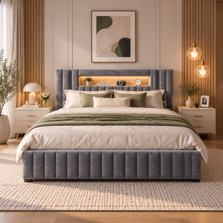 Letto imbottito INONEFT, 140x200 cm, con LED, con sistema di sollevamento idraulico per lo spazio contenitivo, letto matrimoniale per ragazzi con spazio contenitivo nella testiera, struttura del letto con rete a doghe, rivestito in velluto grigio
