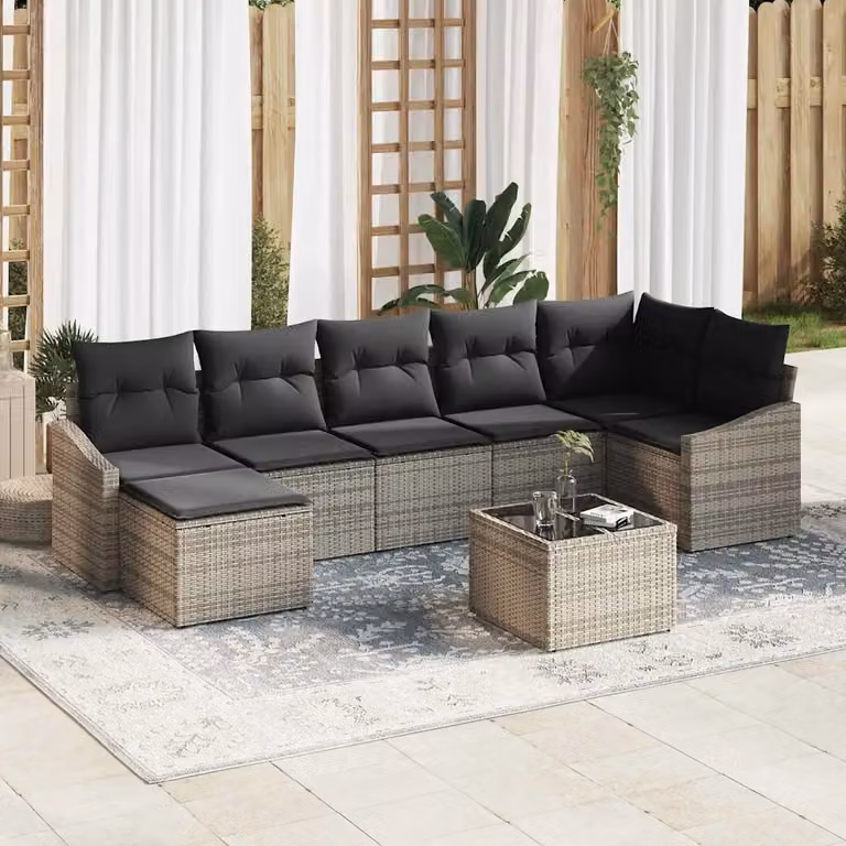 Set di divani da giardino vidaXL a forma di U in rattan grigio con cuscini e tavolino da caffè