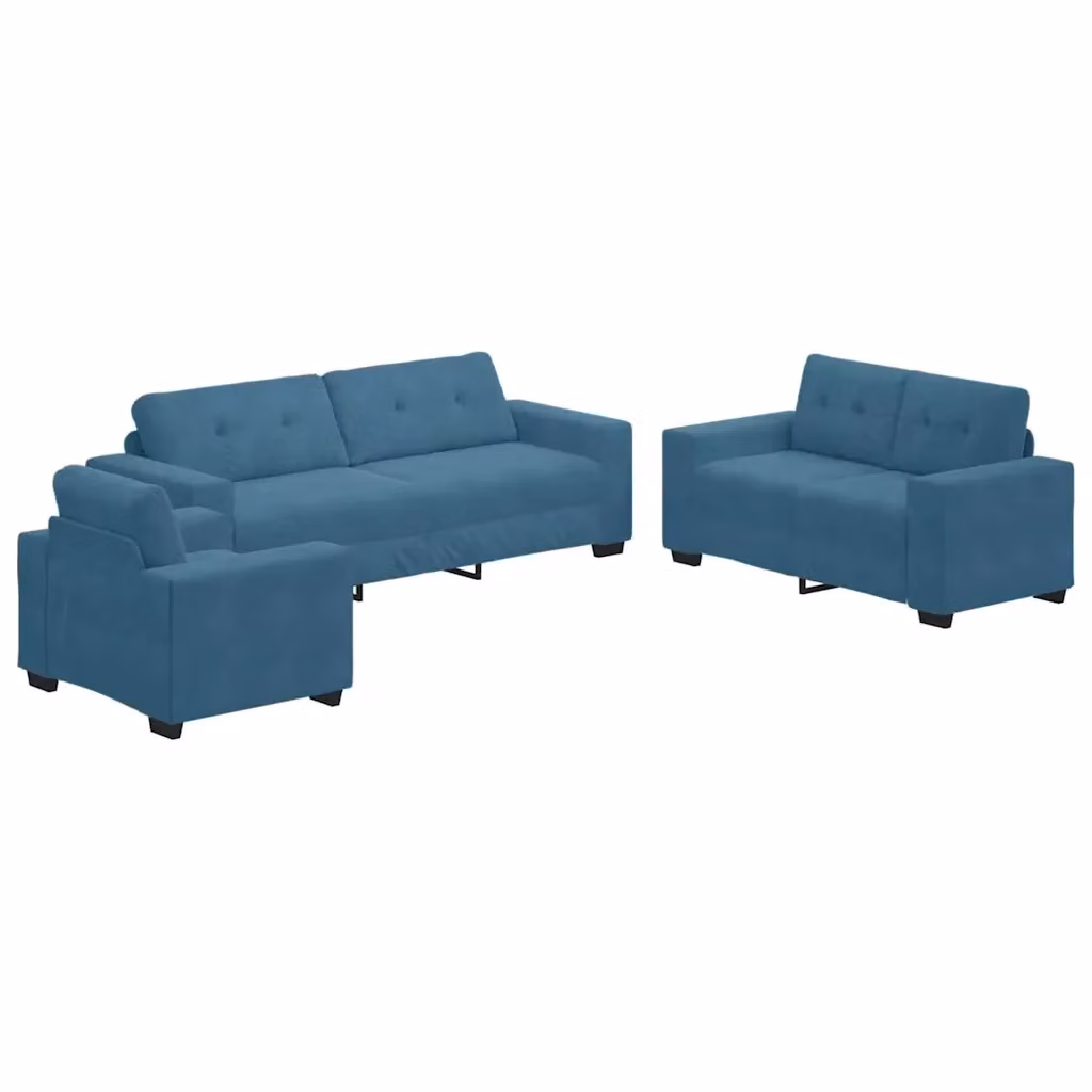 Set di divani 3 pezzi vidaXL in velluto blu con poltrona, divano a 2 posti e divano a 3 posti per soggiorno – 2
