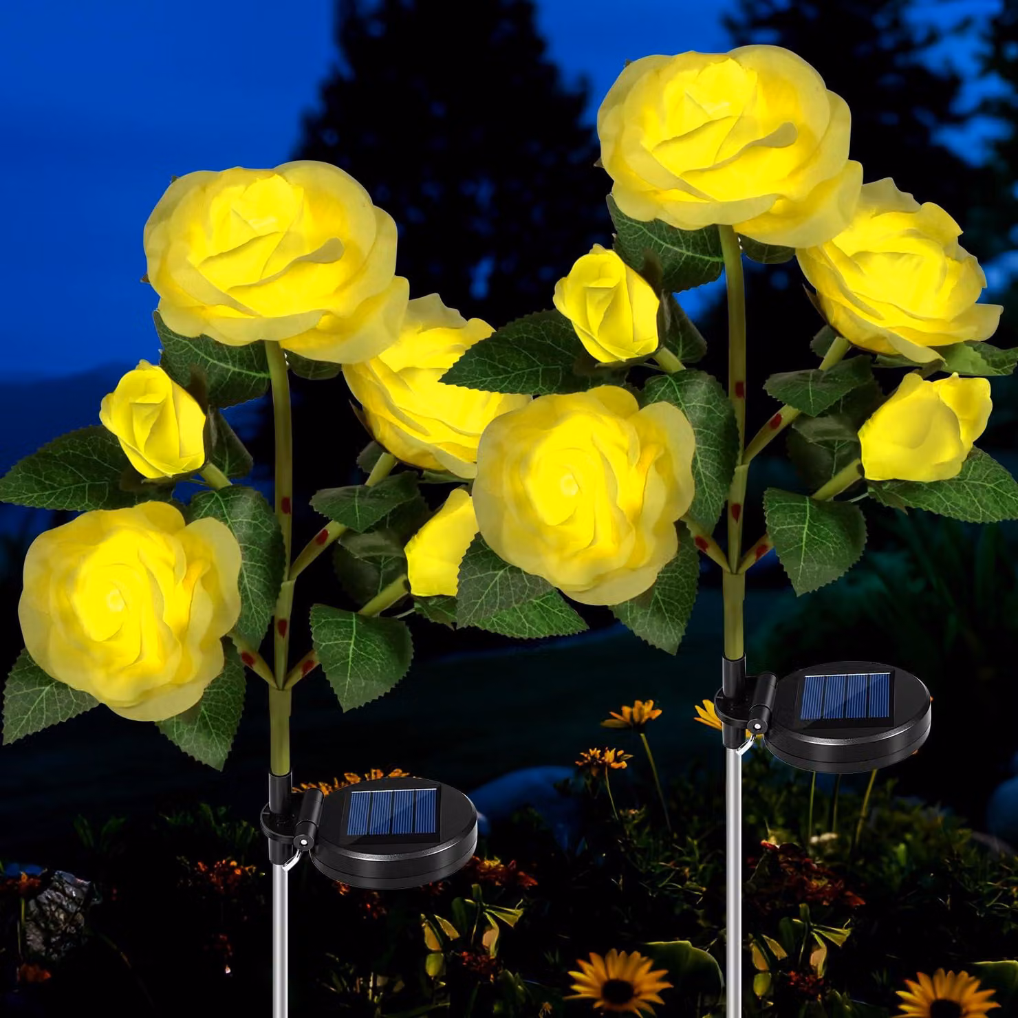 Set di 2 lampade solari a forma di rosa, grado di protezione IP65, resistenti alle intemperie, con 5 petali, colore giallo