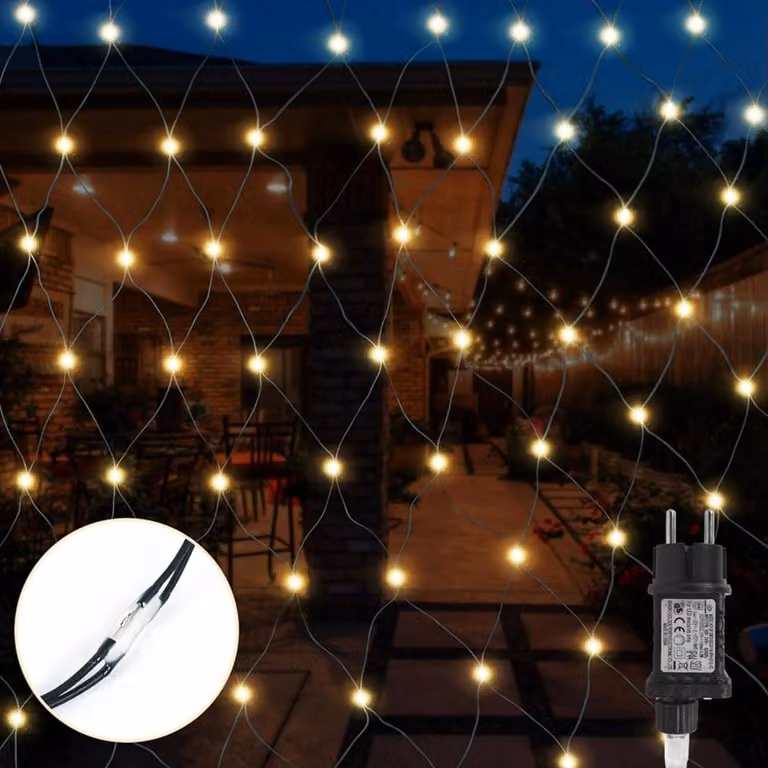 Catena luminosa a LED, dimensioni 2x3 metri, 192 LED bianco caldo, cavo verde, 8 modalità
