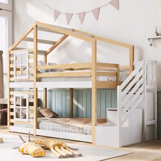 Letto a castello per bambini - Xylo - 90x200 - Bianco-marrone - Con protezione