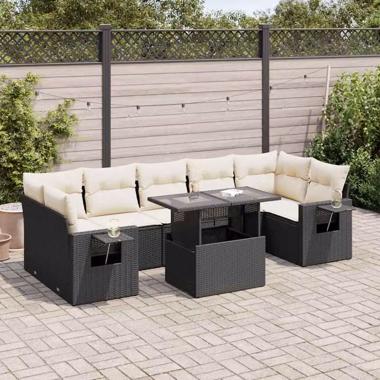 Set Divano da Giardino a L vidaXL con 8 Cuscini, Tavolino e Struttura in Metallo, Nero e Bianco