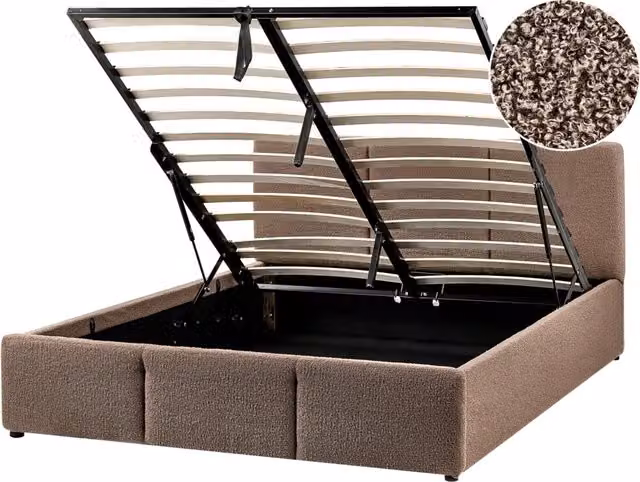 Letto matrimoniale in tessuto tortora con contenitore 140 x 200 cm Testiera Rivestita Funzione Contenitore
