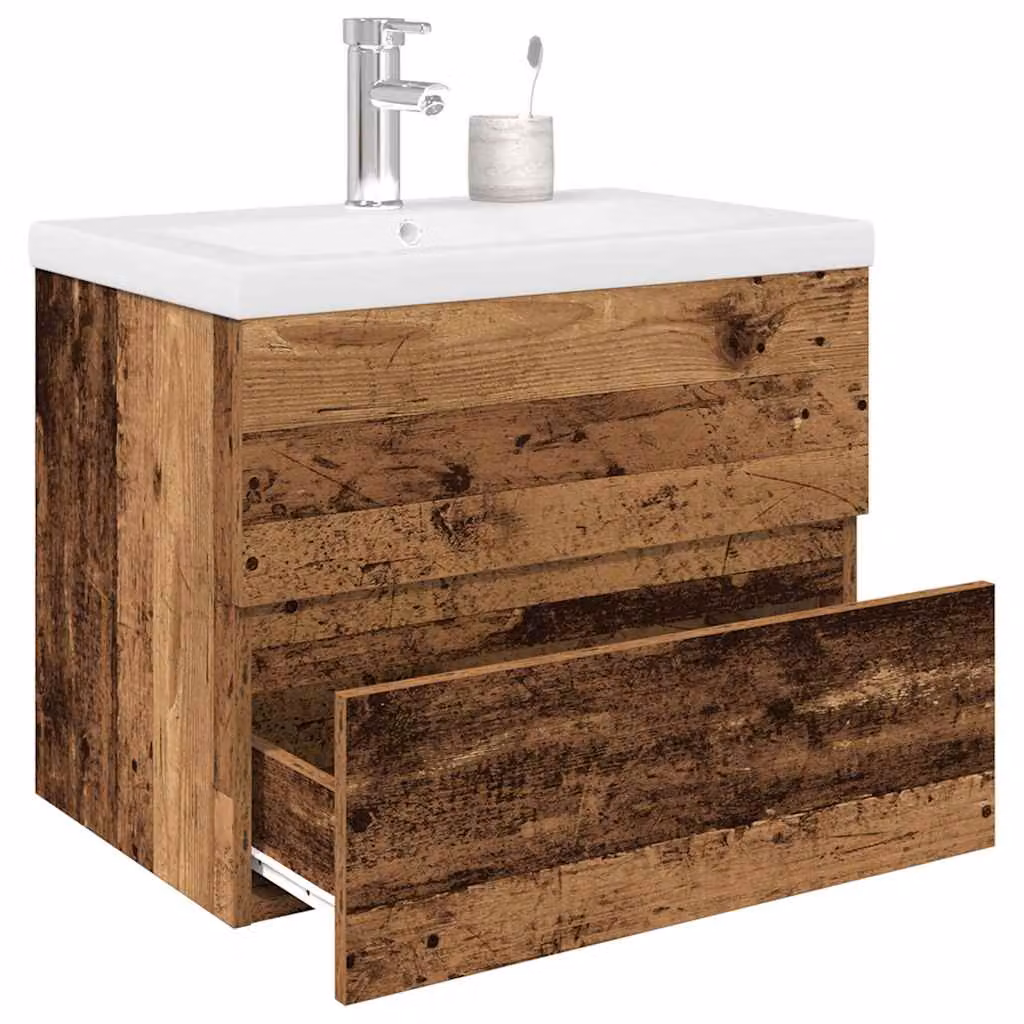 Mobile da bagno sospeso vidaXL in legno e MDF con lavabo integrato, colore bianco e marrone, stile rustico
