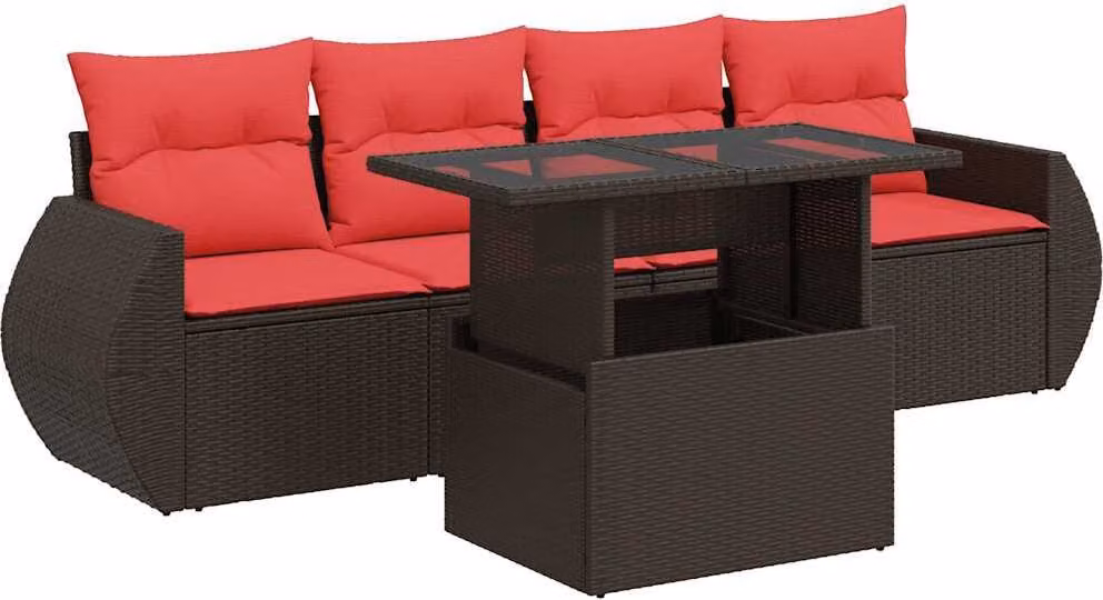 Set Divano da Giardino 5 pz Cuscini Marrone Polyrattan e Acacia