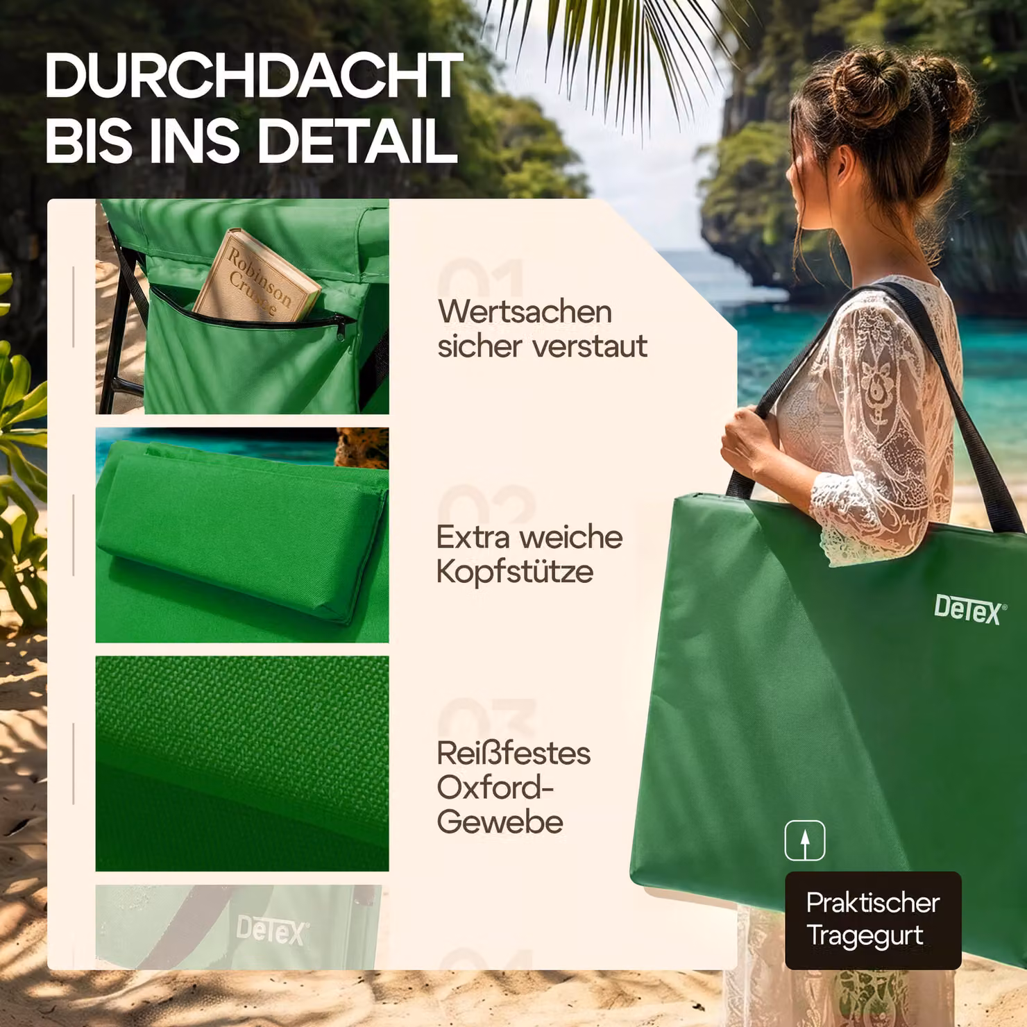 Stuoia da spiaggia con schienale regolabile verde o rosa in tessuto outdoor e struttura in acciaio verniciato L: 185 cm, P: 56 cm – 3
