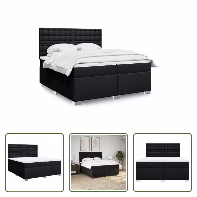 The Living Store Letto a molle con materasso nero 200x200 cm in tessuto