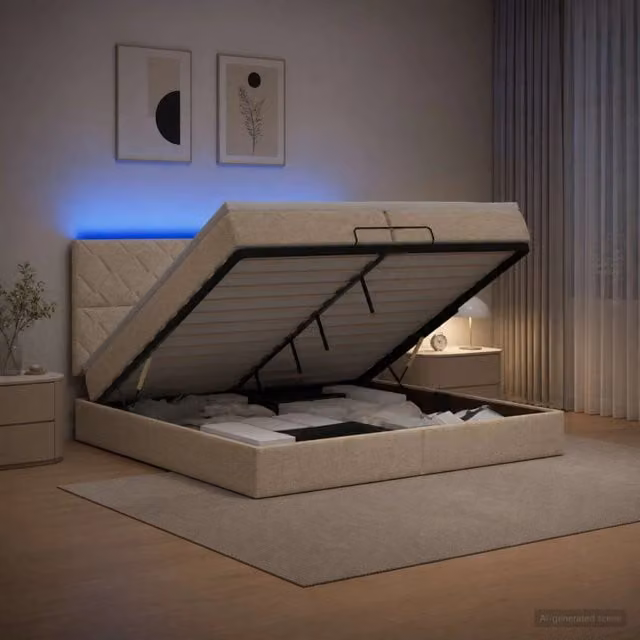 Letto Ottomano con Materasso Ibrido e Illuminazione LED vidaXL, Colore Beige e Bianco, L/P/H: 200 x 200 x 88 cm – 1