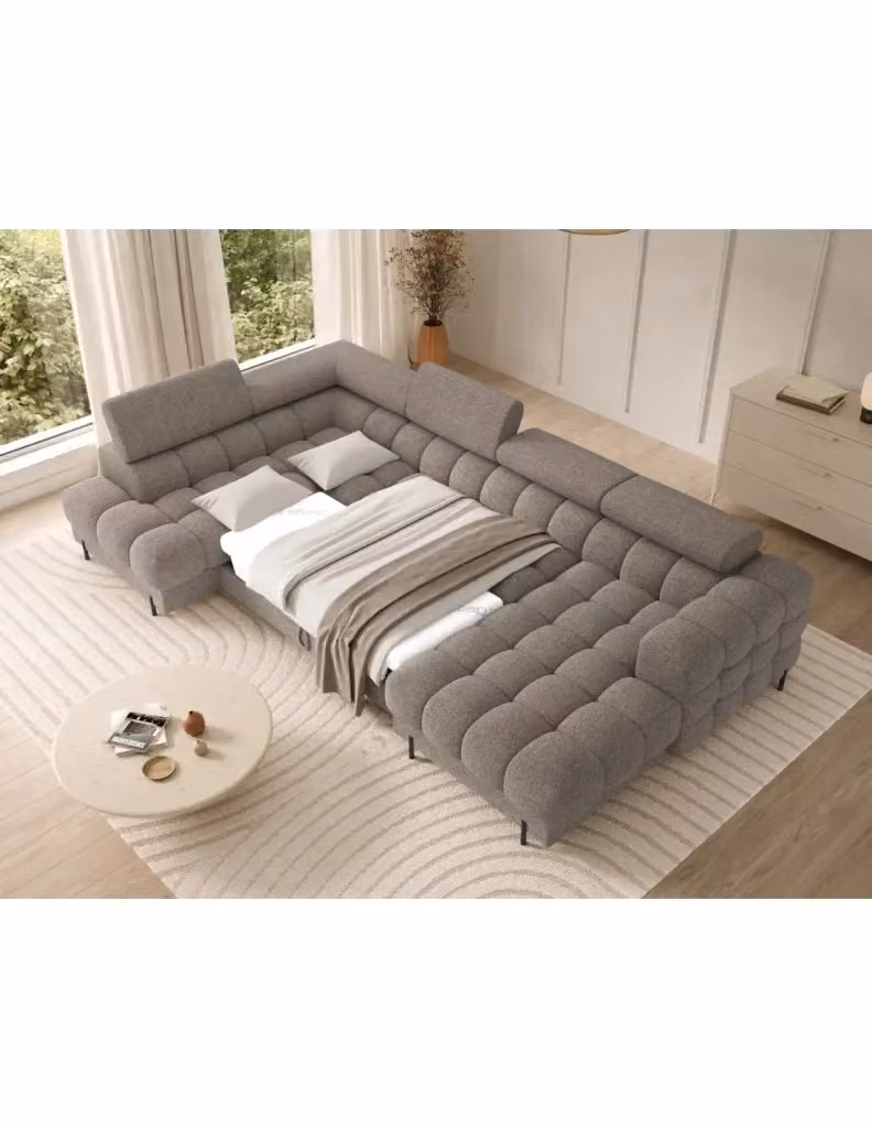 Divano panoramico convertibile FERARIA MEUBLORAMA beige scuro con angolo sinistro, forma a U, con funzione letto e poggiatesta regolabile, L: 358 cm, P: 93 cm, H: 202 cm – 2
