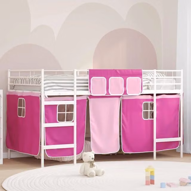 Letto Loft per Bambini DESIGN IN con Scala e Tendine in Metallo, Bianco e Rosa, L/P/H: 200 x 90 x 195 cm