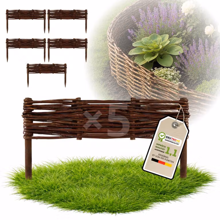 Floranica 5 pezzi Recinzione in vimini 10 cm x 40 cm – Staccionata da giardino intrecciata Palizzata Recinzione naturale Bordo aiuola