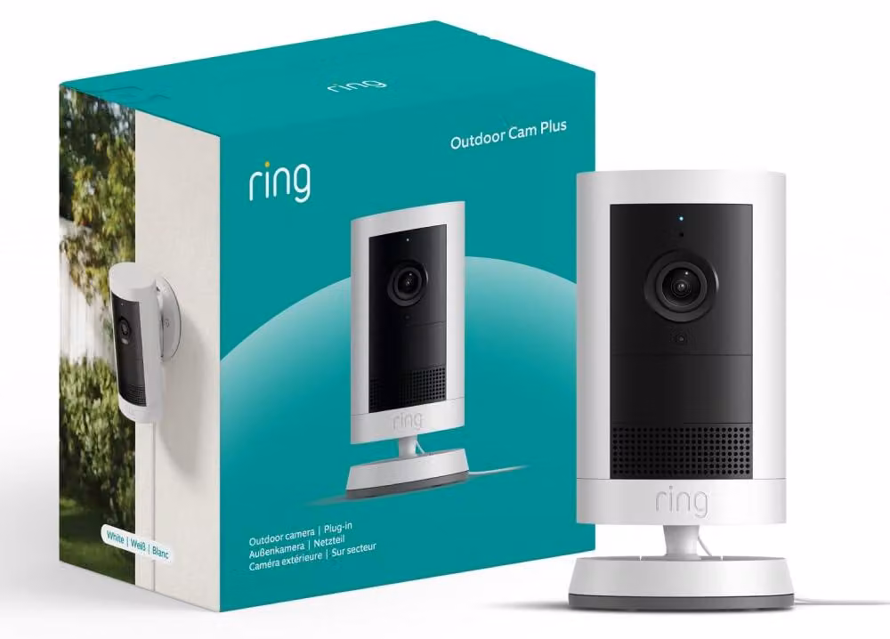 Ring Outdoor Camera Plus, telecamera di sicurezza IP, per esterni, wireless, da soffitto/parete, bianca, 140°