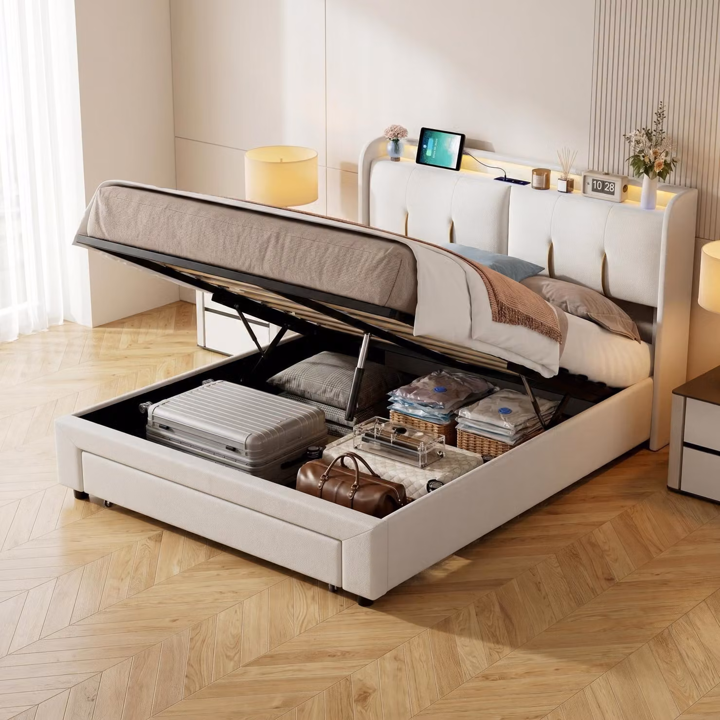Letto imbottito INONEFT 160x200 cm con LED e USB, letto matrimoniale con cassetto e rete a doghe, letto box con sistema idraulico e contenitore, rivestito in velluto, color beige