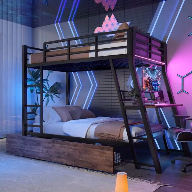 Letto a soppalco 90 x 200 cm, struttura in ferro, barra LED, cassetti, ringhiera, scala, scrivania, senza materasso - Nero