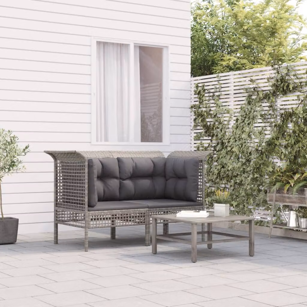 Set di divani angolari da giardino vidaXL in rattan grigio con cuscini e struttura in metallo a forma di L