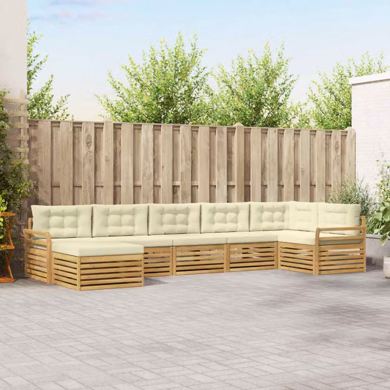 Set di divani da esterno vidaXL 7 pz in legno di acacia con cuscini Bianco, Beige e Marrone