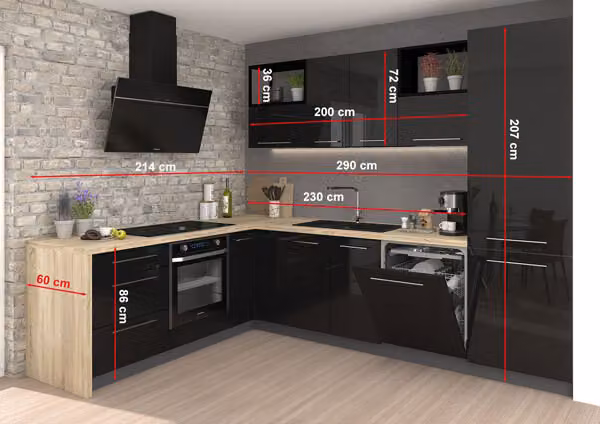 Mobile da cucina a L ESSEN Piano di lavoro 214x290cm nero lava acrilico lucido HETTICH Guida a estrazione totale