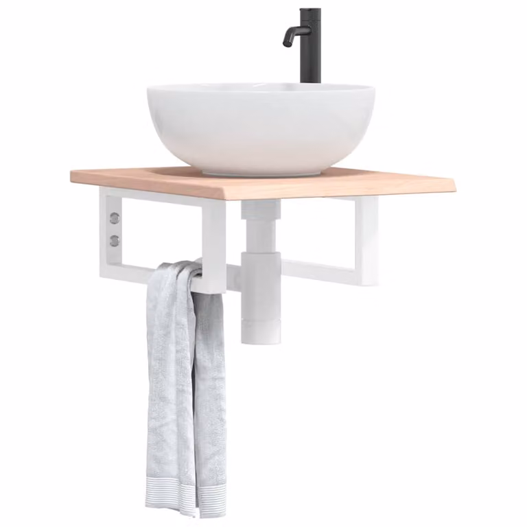 vidaXL Ripiano a Parete per Lavabo in Acciaio e Rovere Massello, Moderno, Bianco e Marrone