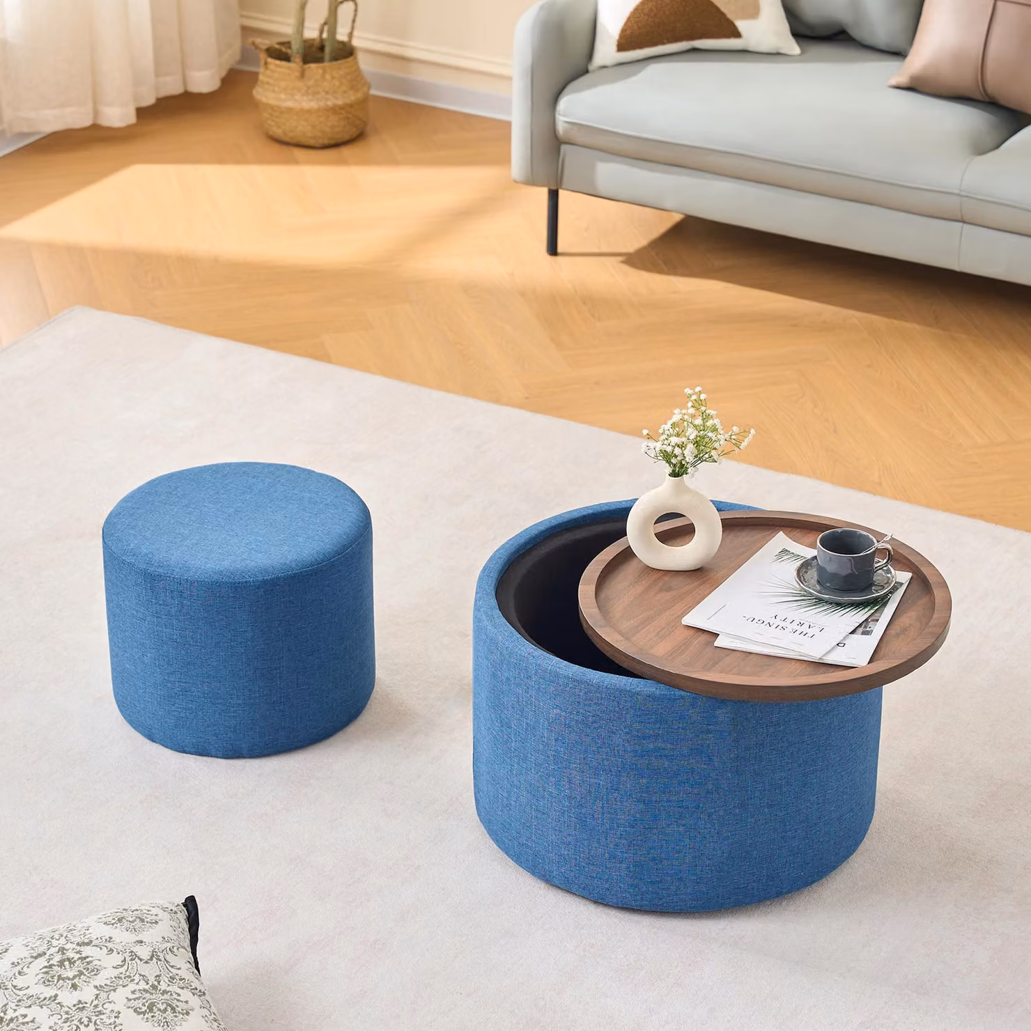 okwish Tavolini da conferenza, tavolino da soggiorno con spazio contenitivo e panca, set da 2 pezzi, design a incastro, piano in legno removibile, tavolino e poggiapiedi rotondi, colore blu