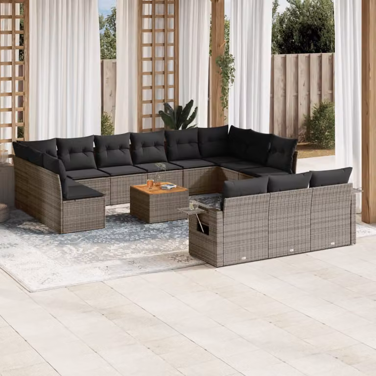 vidaXL Set Divani da Giardino 14pz in Polyrattan Grigio con Cuscini e Tavolino da Esterno