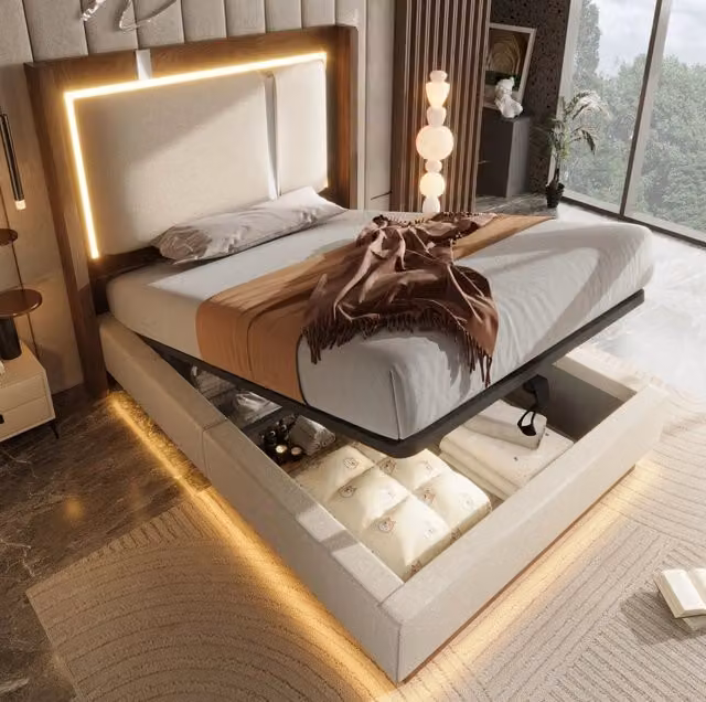 Letto imbottito ULEVR 90x200 cm con contenitore idraulico, LED e rete a doghe, beige e noce