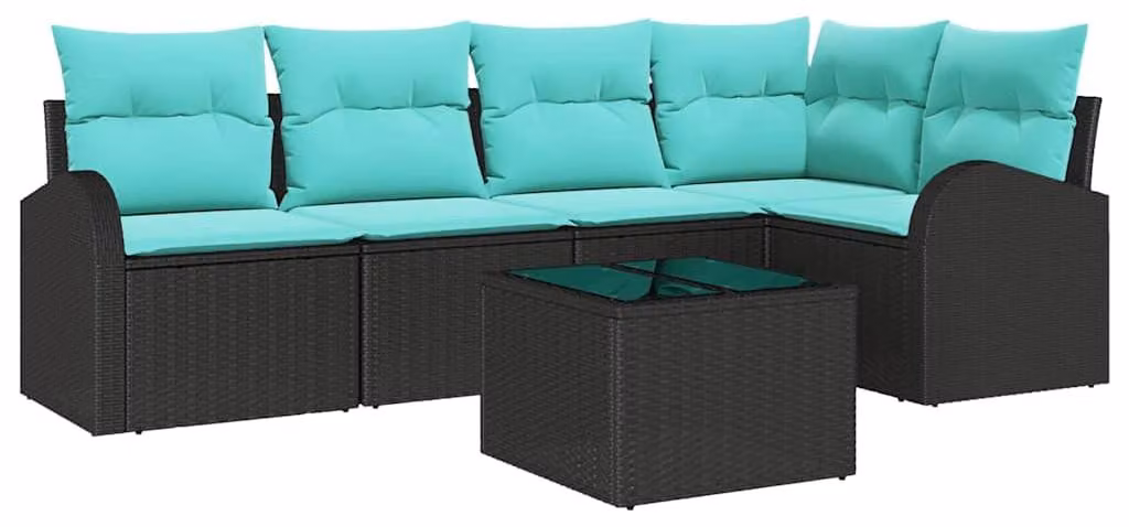 Set di divani da giardino, 6 pezzi, in rattan sintetico nero e turchese