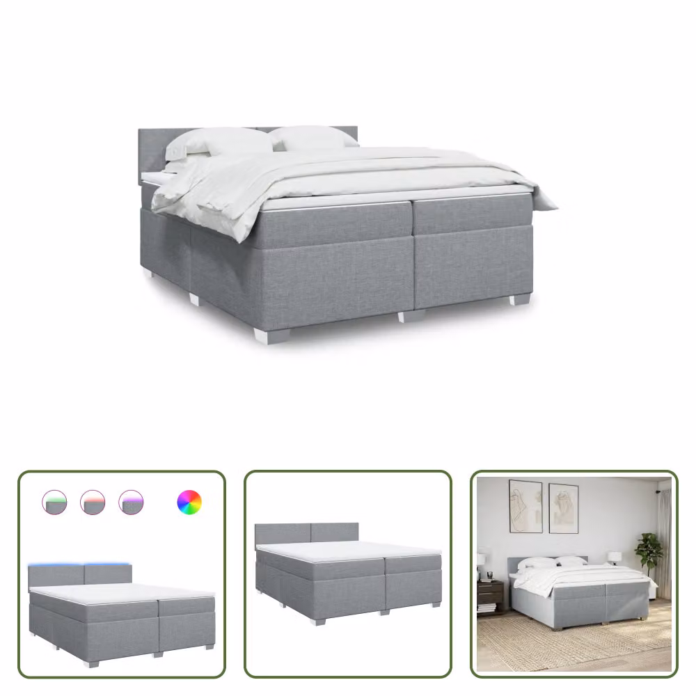 The Living Store Letto a molle con materasso grigio chiaro 200x200 cm in tessuto