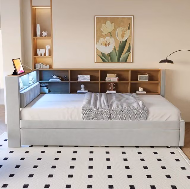 Letto singolo imbottito 90x200 cm con letto estraibile 90x190 cm; LED e porte di ricarica; grigio chiaro