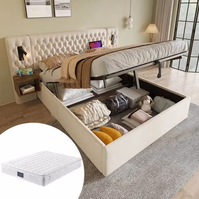 Desviae Letto matrimoniale 160 × 200 cm con contenitore idraulico testiera in velluto beige luci USB e Type-C comodini
