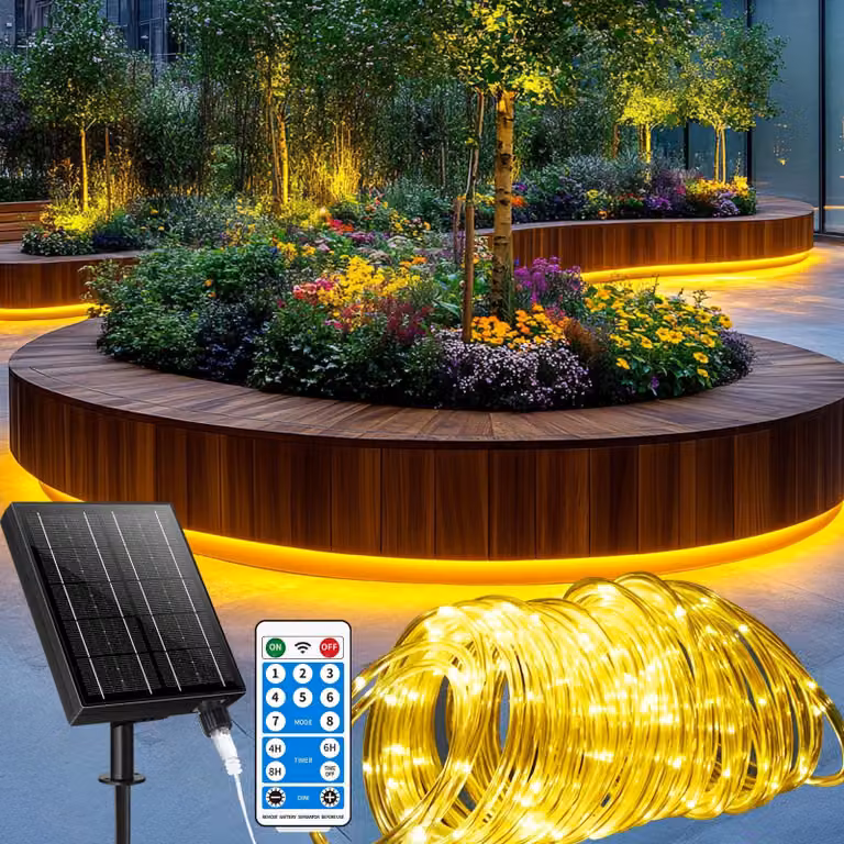 Catena luminosa solare, 53 metri, 500 LED, luce calda, grado di protezione IP65, 8 modalità