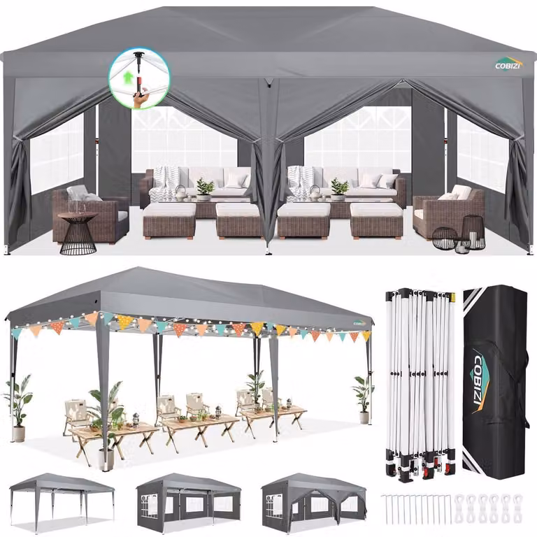 Gazebo da esterno 3x6 metri, grigio, impermeabile, con 6 pannelli laterali, altezza regolabile, protezione UV 50+