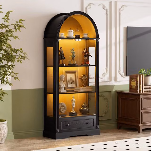 Vetrina alta 180 cm ad arco, stile country moderno nero, con ante in vetro, strisce LED e cassetti. Per soggiorno, cucina e sala da pranzo