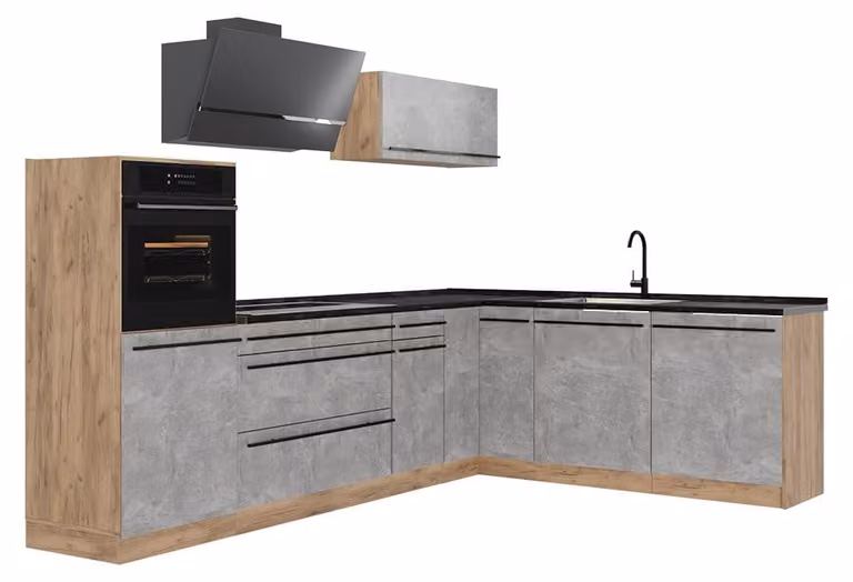 Cucina angolare completa Vicco R-Line Calcestruzzo/Rovere dorato 287 x cm senza piano di lavoro, Model 67464