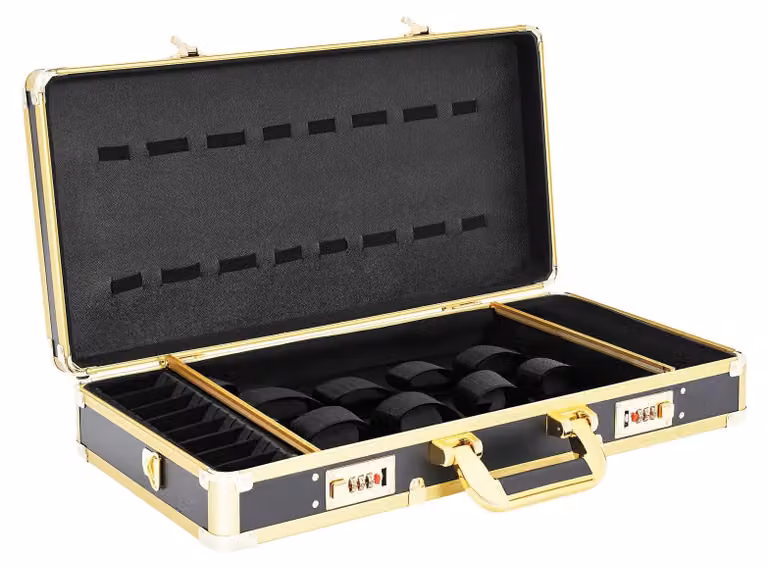 Kit di strumenti per stilisti, struttura robusta in alluminio, chiusura con codice, nero e oro