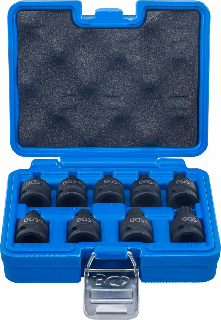 Set di bussole BGS Kraft con attacco quadro 12,5 mm (1/2") interno multidente (per XZN) M4 - M16 9 pezzi - 5487