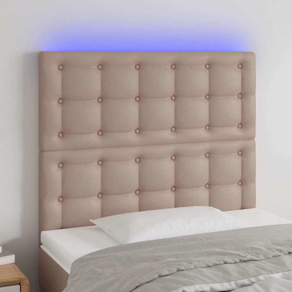 Testiera per letto vidaXL in similpelle color cappuccino con illuminazione LED e porta di ricarica USB, L: 80 cm, P: 5 cm, H: 118-128 cm