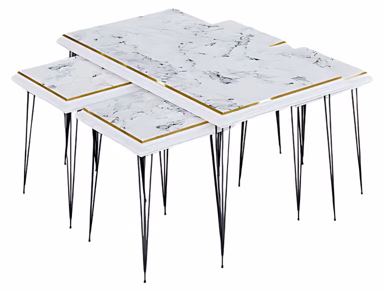 Eleganter weißer Couchtisch mit Beistelltischen aus MDF und Edelstahl