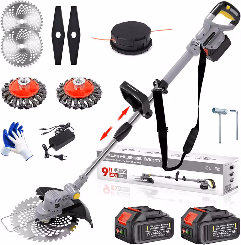Tagliabordi elettrico a batteria, modello 21V, 4-in-1, con due batterie da 4,0 Ah, spazzola per erbacce, manico regolabile, testa girevole a 90°, diametro di taglio: 25 cm
