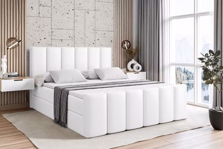 Letto boxspring ALTDECOR con pediera, materasso H3 e topper - 160x200 cm - BOXI1-Z - Pelle finta bianca - Letto imbottito con contenitore e rete a doghe, letto con spazio contenitivo