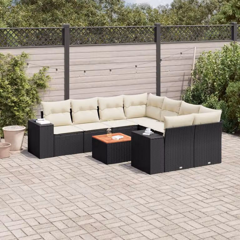 vidaXL Set Divani da Giardino 9 pz a Forma a L con Cuscini in Polyrattan e Colore Nero
