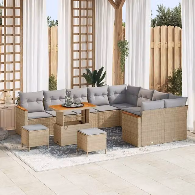 Set Divano da Giardino vidaXL a 9 Posti con Tavolino e Pouf, Design Moderno a L, Colore Beige e Grigio con Cuscini Inclusi e Rivestimenti Rimovibili