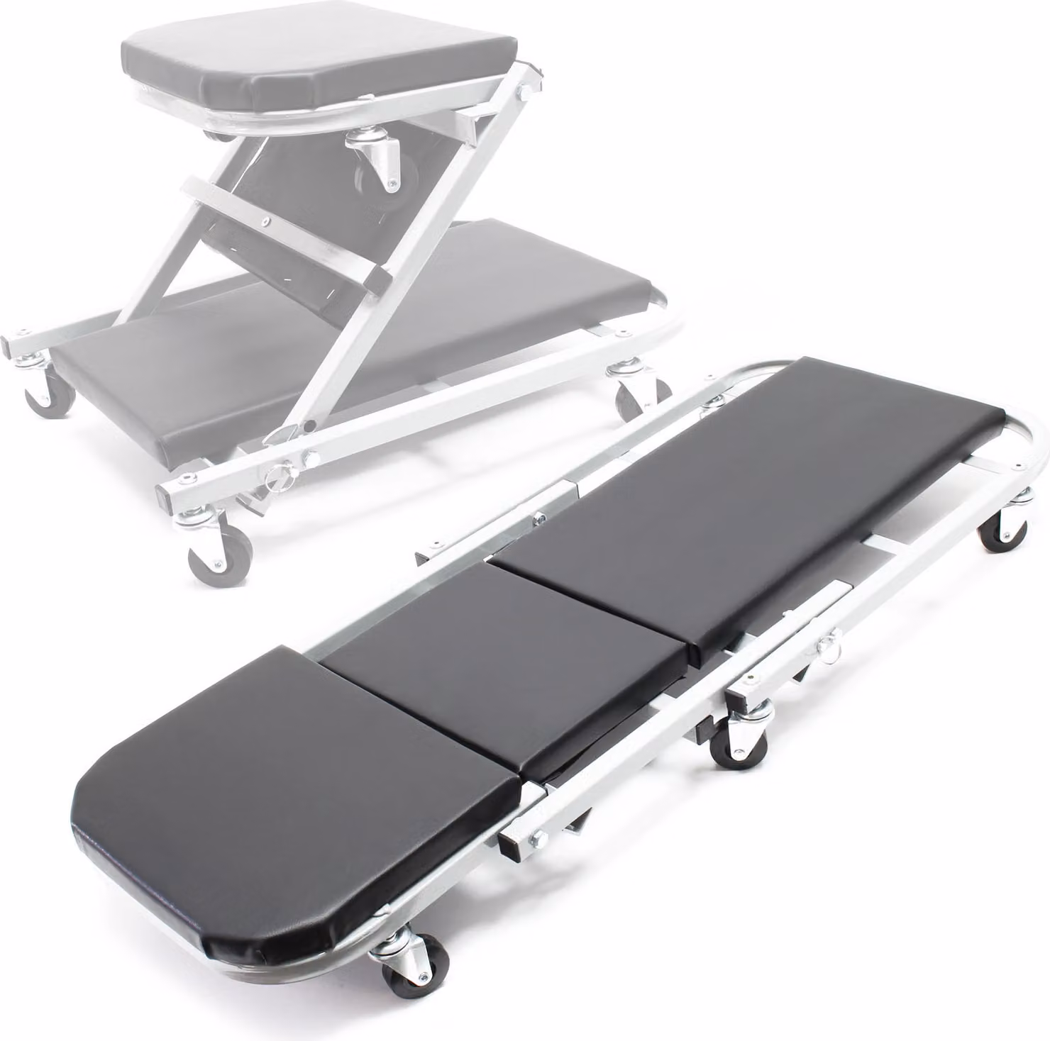 Wiltec 2-in-1 banco di montaggio e sedile da officina 102x42x15 cm, fino a 150 kg, sgabello da officina con piano di appoggio imbottito e 6 ruote piroettanti, banco di montaggio, tavola rotante