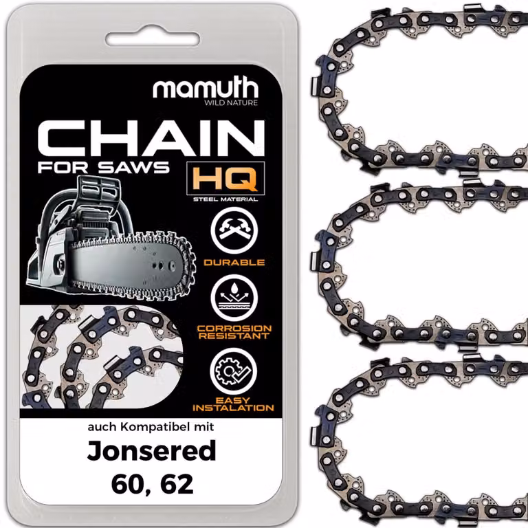 3 catene per motosega, lunghezza 50 cm, passo 1,5 mm, larghezza 3/8", modello 72 TG, compatibili con le motoseghe Jonsered 60 e 62