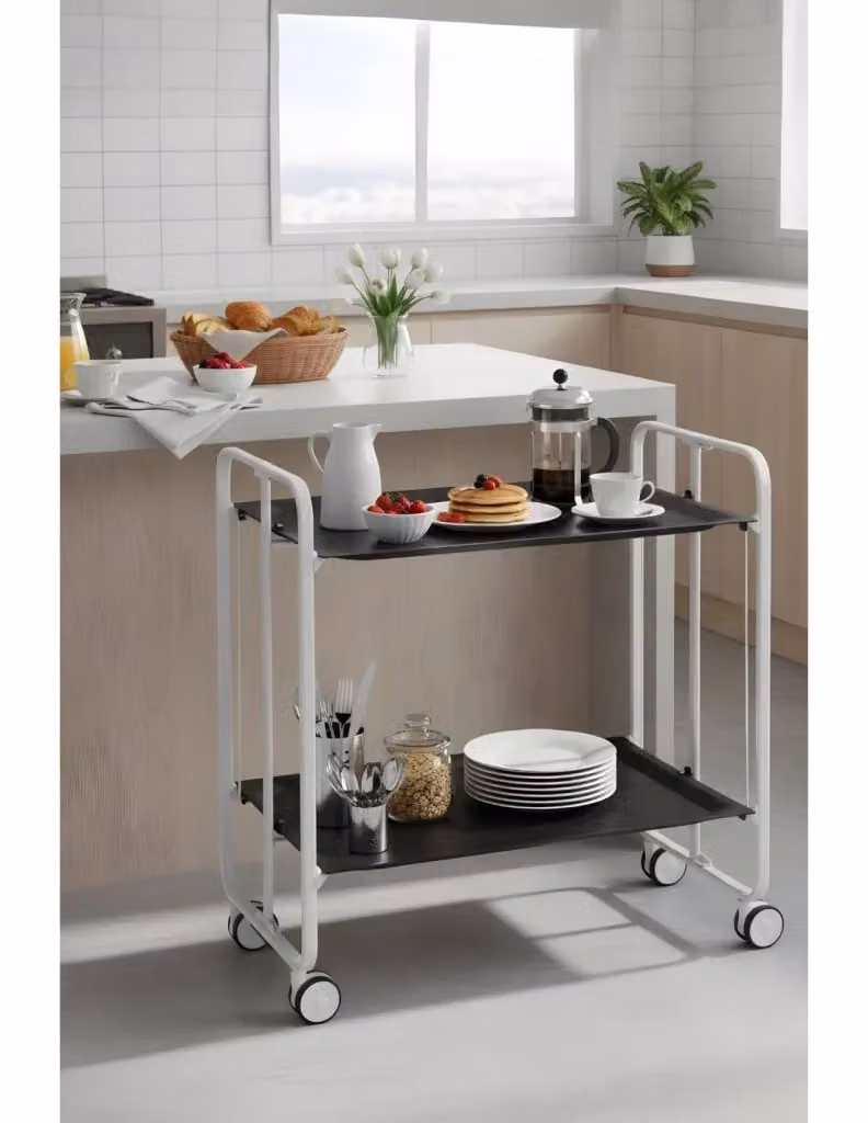 Carrello da cucina moderno DON HIERRO bianco con struttura in metallo e ripiani in MDF laminato, dotato di ruote e piano pieghevole, L/P/H: 66.0 x 43.0 x 72.0 cm – 2