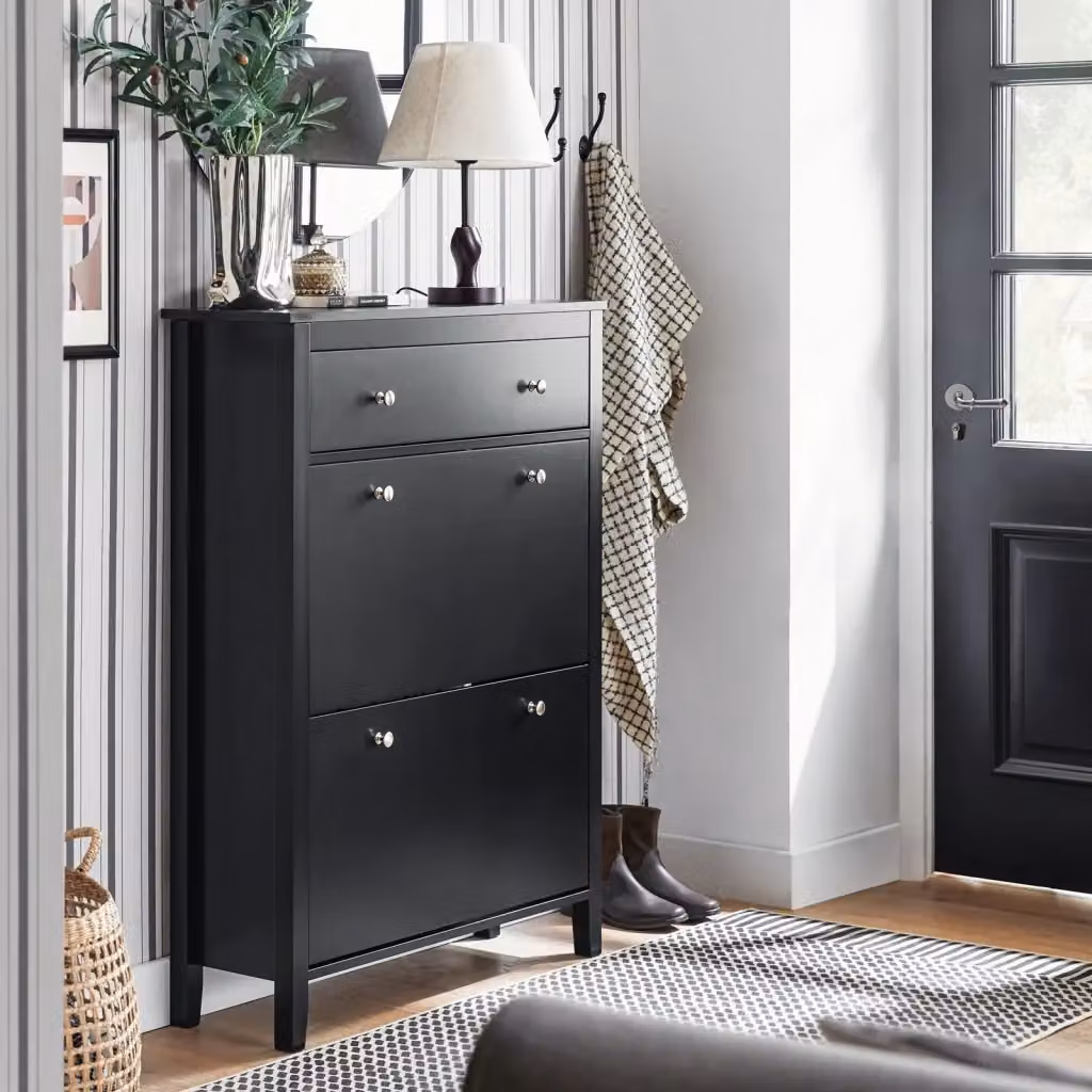 Scarpiera moderna SOBUY con cassetti e ripiani interni, colore nero, L 80 cm x P 25 cm x H 108 cm – 2