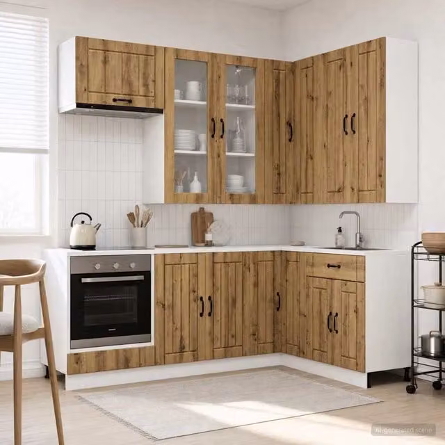 Unità Cucina LUCCA vidaXL in Rovere Marrone con Ante in Vetro e Scaffali Aperti 8 Pezzi – 1