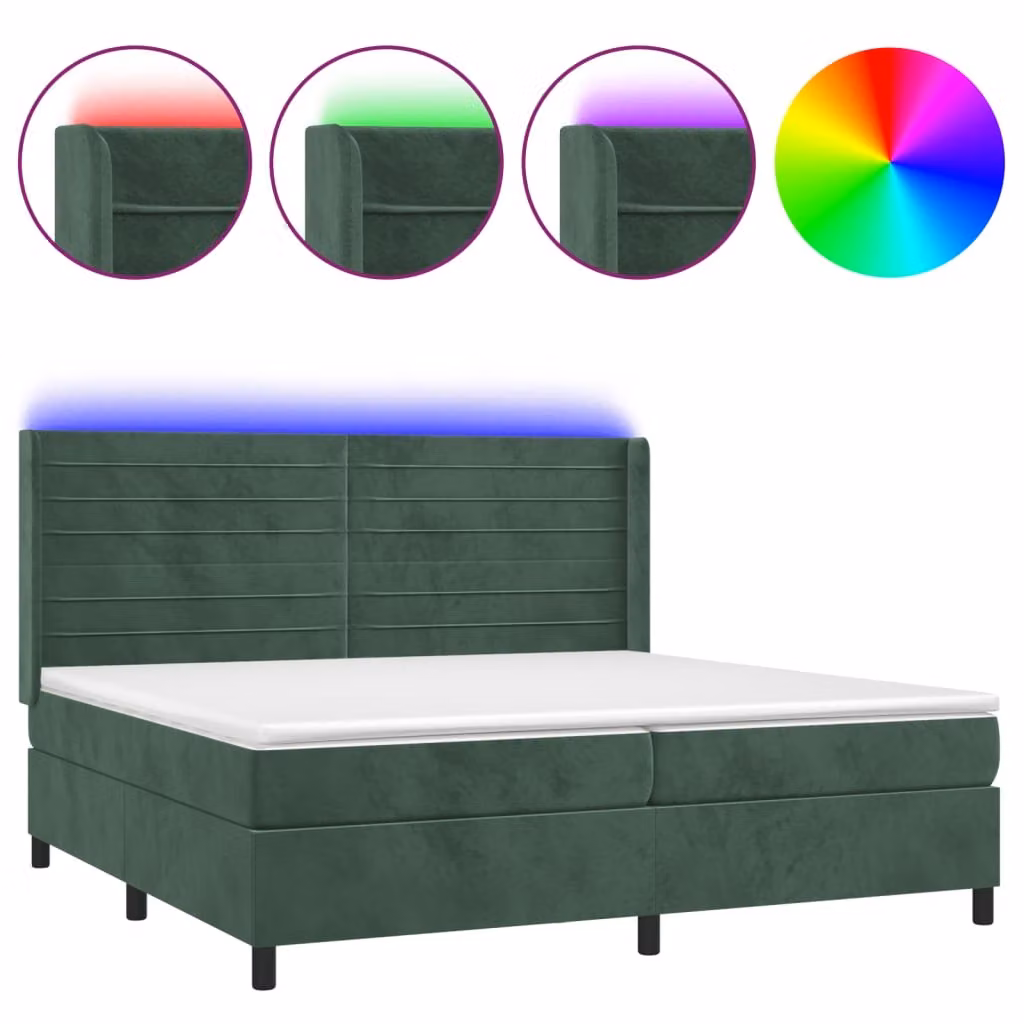 Letto a Molle con Materasso e LED Verde Scuro 200x200cm Velluto