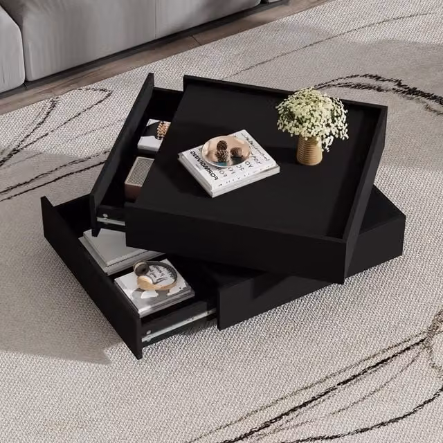 Tavolino da Salotto Funzionale Girevole 360°, Piano Rotante con 2 Ripiani e Spazio Contenitore, Struttura Nera, 60x60x38 cm
